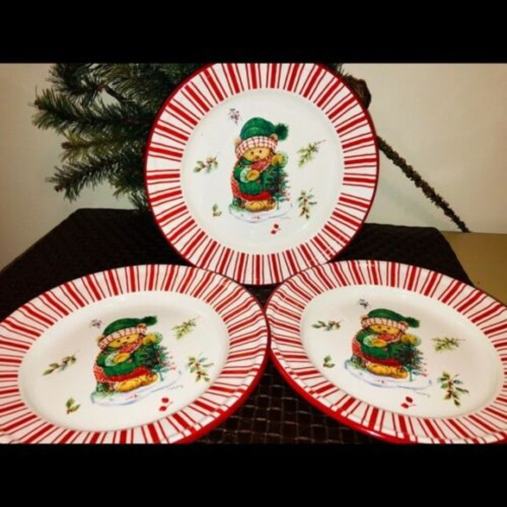 Set of 3 Hallmark Christmas Enamel Metal Plates Teddy Bear 8” ~NEW~